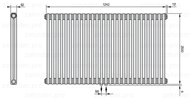 Схема (чертеж) Радиатор Zehnder Charleston 2250/27 №5410 Белый глянцевый RAL 9016